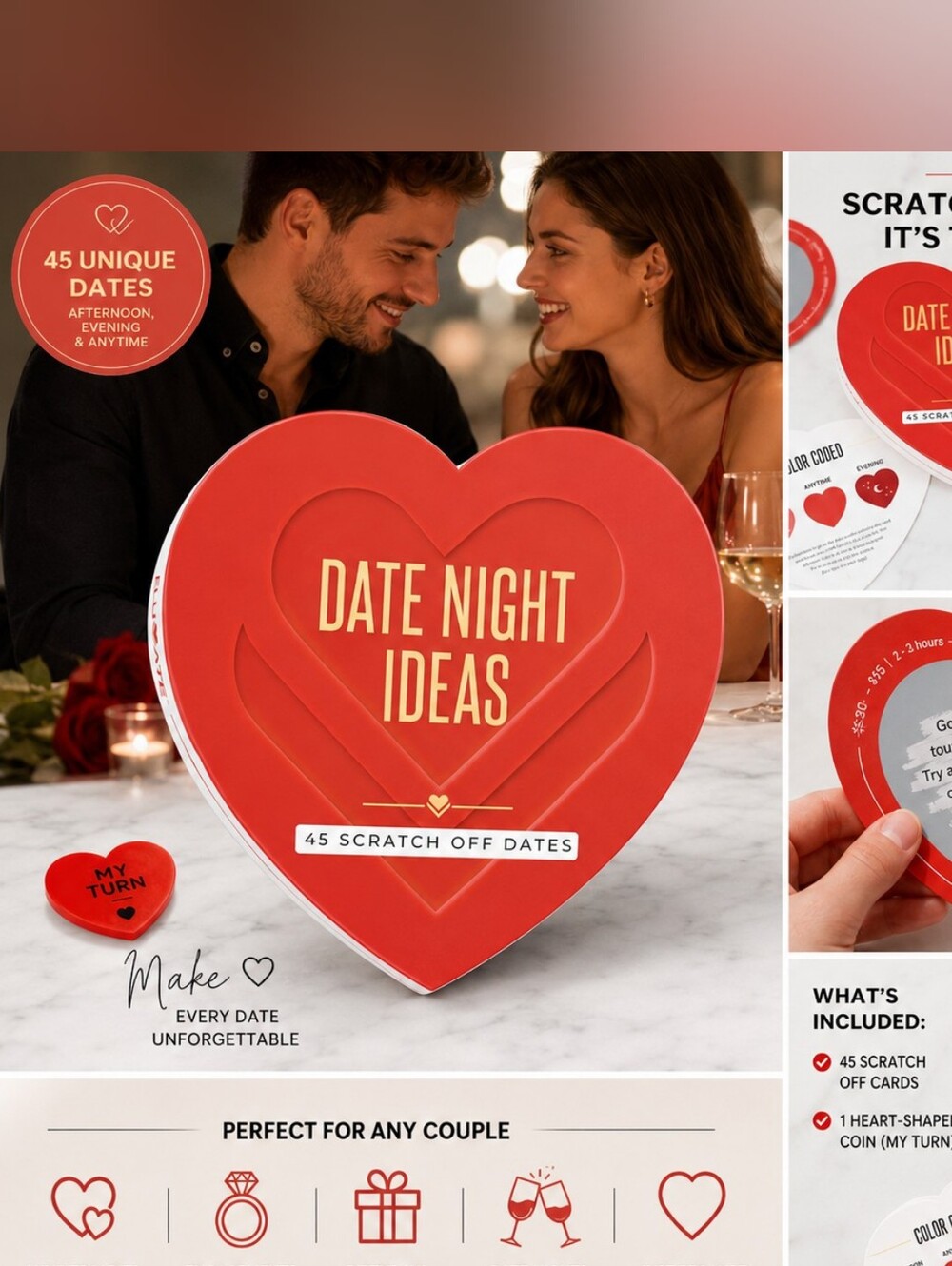 🍎 NWT 45 Scratch Off Date Night Ideas Couples Heart Shape Card Game Gift Love